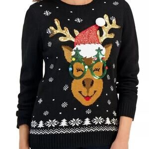 Karen Scott crew neck Raindeer embellished graphic sweater, size Petit Small